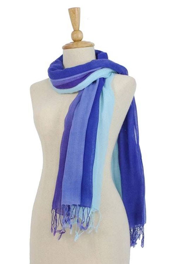 Alternate image for Striped Cotton Wrap Scarves in Blue from Thailand Pair Seaside Breeze