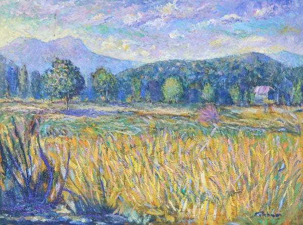 Alternate image for Thai-Made Impressionist Oil on Canvas Painting of Rice Field Rice Field in Winter