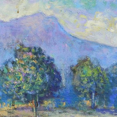 Alternate image for Thai-Made Impressionist Oil on Canvas Painting of Rice Field Rice Field in Winter