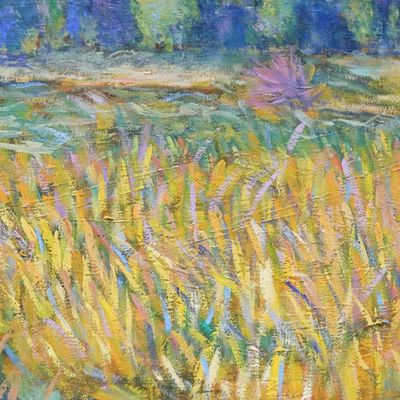Alternate image for Thai-Made Impressionist Oil on Canvas Painting of Rice Field Rice Field in Winter