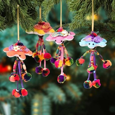 Alternate image for 4 Cotton Blend Turtle Christmas Ornaments with Pompom Bell Joyful Turtles