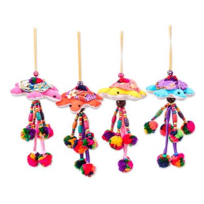 Alternate image for 4 Cotton Blend Turtle Christmas Ornaments with Pompom Bell Joyful Turtles