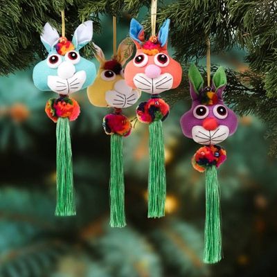 Primary image for 4 Cotton Rabbit Christmas Ornaments with Pompoms and Tassels Christmas Bunnies
