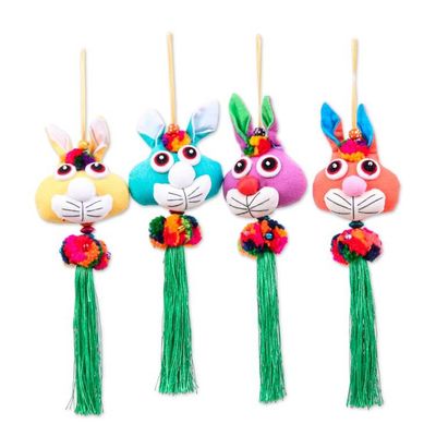 Alternate image for 4 Cotton Rabbit Christmas Ornaments with Pompoms and Tassels Christmas Bunnies