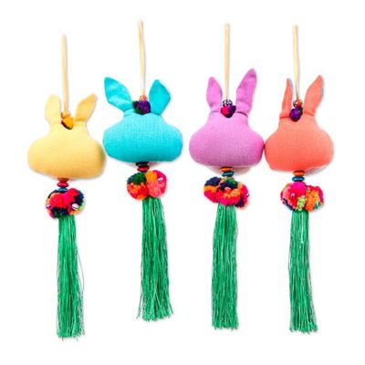 Alternate image for 4 Cotton Rabbit Christmas Ornaments with Pompoms and Tassels Christmas Bunnies