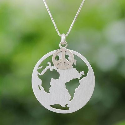 Primary image for Sterling Silver Pendant Necklace with Globe and Peace Symbol Peaceful Planet