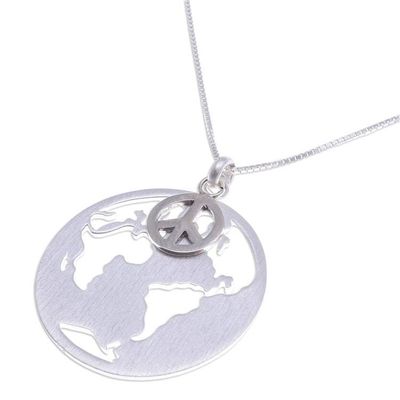 Alternate image for Sterling Silver Pendant Necklace with Globe and Peace Symbol Peaceful Planet