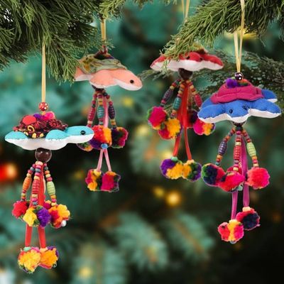 Primary image for 4 Turtle-Themed Cotton Blend Ornaments with Pompoms Bells Holiday Turtles