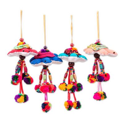 Alternate image for 4 Turtle-Themed Cotton Blend Ornaments with Pompoms Bells Holiday Turtles
