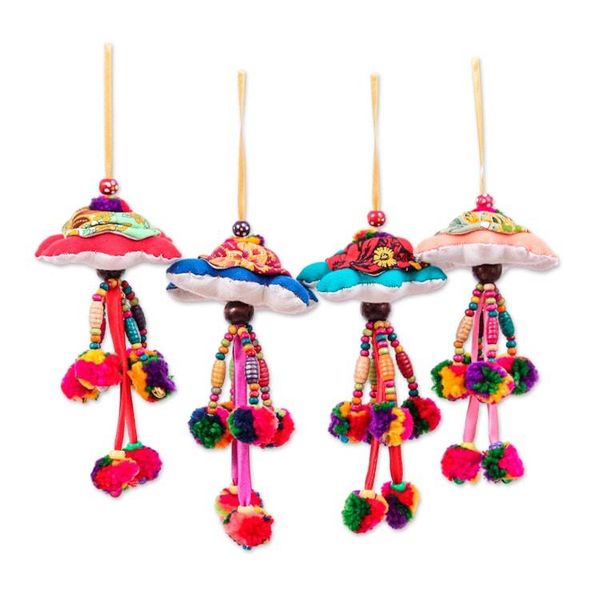 Alternate image for 4 Turtle-Themed Cotton Blend Ornaments with Pompoms Bells Holiday Turtles