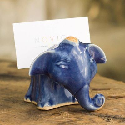 Alternate image for Blue Elephant Celadon Ceramic Business Card Holder Joyful Blue Elephant