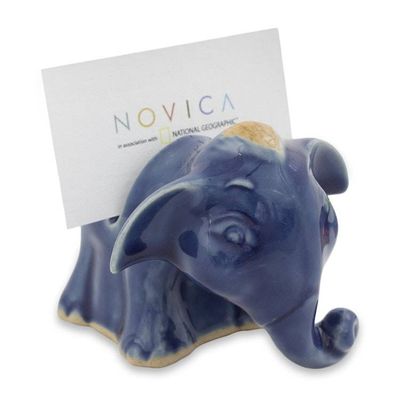 Alternate image for Blue Elephant Celadon Ceramic Business Card Holder Joyful Blue Elephant
