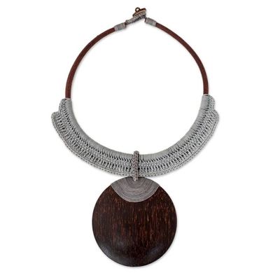 Alternate image for Coconut Wood Crochet Statement Necklace Gray Tribal Glam