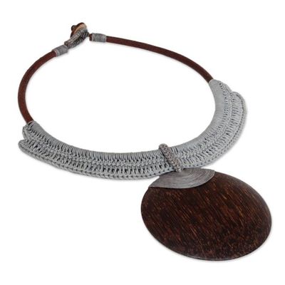 Alternate image for Coconut Wood Crochet Statement Necklace Gray Tribal Glam