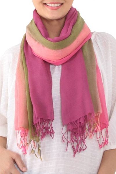 Alternate image for Cotton Scarves in Pink and Green from Thailand Pair Grove Breeze