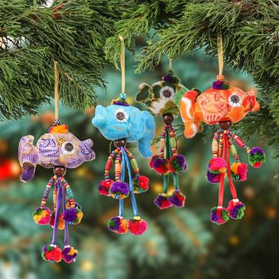 Primary image for 4 Cotton Blend Beaded Fish Christmas Ornaments with Pompoms Festive Fish