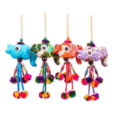 Alternate image for 4 Cotton Blend Beaded Fish Christmas Ornaments with Pompoms Festive Fish
