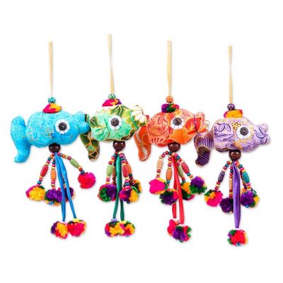 Alternate image for 4 Cotton Blend Beaded Fish Christmas Ornaments with Pompoms Festive Fish