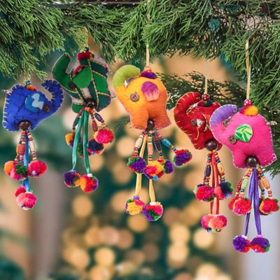 Primary image for 5 Cotton Beaded Elephant Christmas Ornaments with Pompoms Holiday Parade