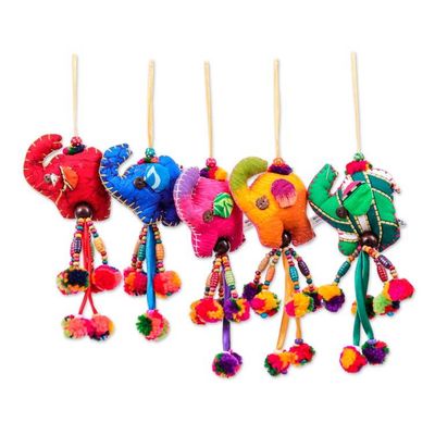 Alternate image for 5 Cotton Beaded Elephant Christmas Ornaments with Pompoms Holiday Parade