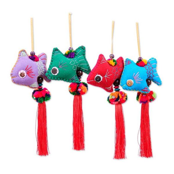 Alternate image for 4 Cotton Fish Christmas Ornaments with Pompoms and Tassels Marine Holidays
