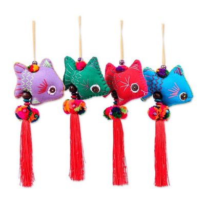 Alternate image for 4 Cotton Fish Christmas Ornaments with Pompoms and Tassels Marine Holidays