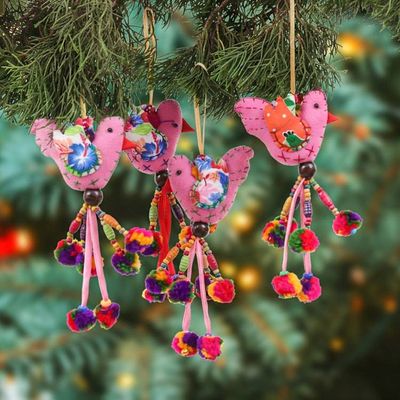 Primary image for 4 Cotton Blend Bird Christmas Ornaments with Pompom and Bell Greeting Birds