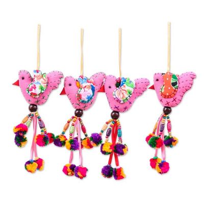 Alternate image for 4 Cotton Blend Bird Christmas Ornaments with Pompom and Bell Greeting Birds
