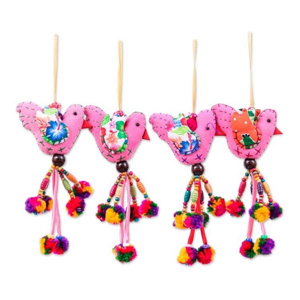 Alternate image for 4 Cotton Blend Bird Christmas Ornaments with Pompom and Bell Greeting Birds