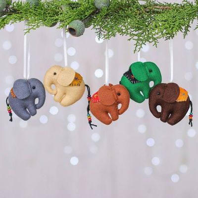 Primary image for Set of Five Colorful Elephant Felt Ornaments with Wood Beads Colorful Trunks