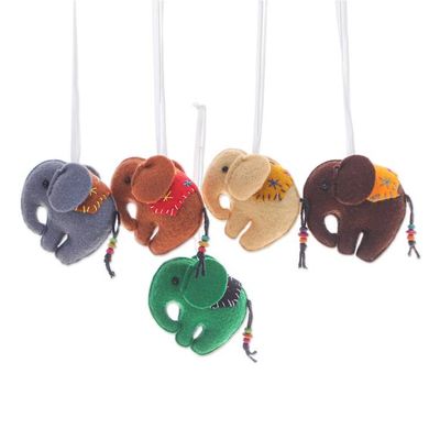 Alternate image for Set of Five Colorful Elephant Felt Ornaments with Wood Beads Colorful Trunks