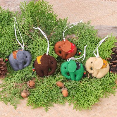 Alternate image for Set of Five Colorful Elephant Felt Ornaments with Wood Beads Colorful Trunks