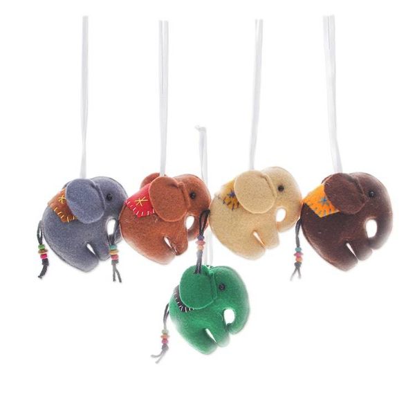 Alternate image for Set of Five Colorful Elephant Felt Ornaments with Wood Beads Colorful Trunks