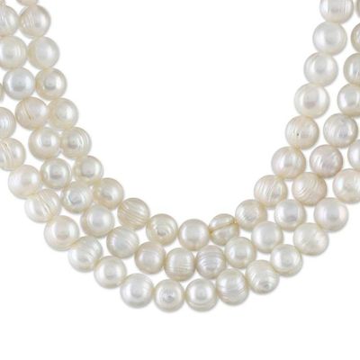 Primary image for Artisan Crafted Thai Triple White Pearl Strand Necklace Triple White Halo