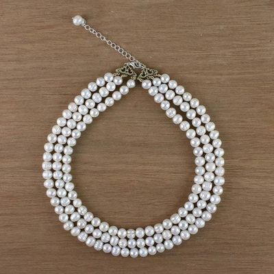Alternate image for Artisan Crafted Thai Triple White Pearl Strand Necklace Triple White Halo