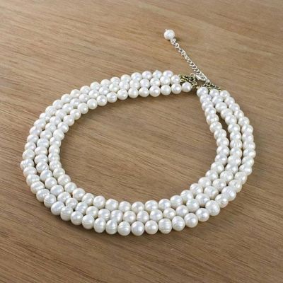 Alternate image for Artisan Crafted Thai Triple White Pearl Strand Necklace Triple White Halo