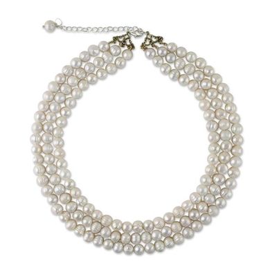 Alternate image for Artisan Crafted Thai Triple White Pearl Strand Necklace Triple White Halo