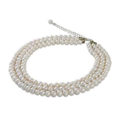 Alternate image for Artisan Crafted Thai Triple White Pearl Strand Necklace Triple White Halo