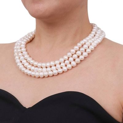 Alternate image for Artisan Crafted Thai Triple White Pearl Strand Necklace Triple White Halo