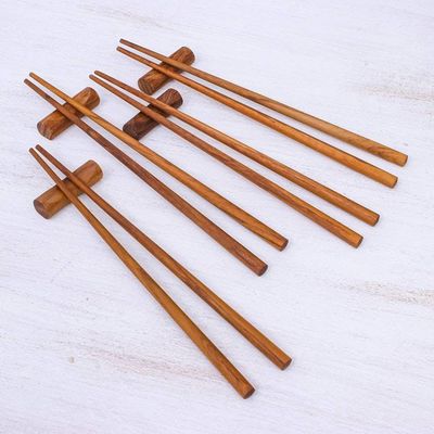 Primary image for Teak Chopstick Set of 4 with Rests Smooth Meal