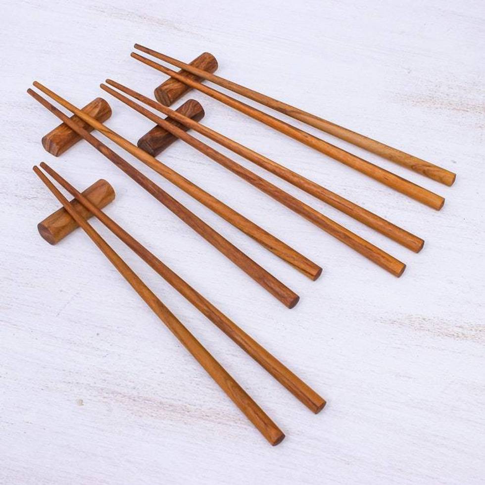 Teak Chopstick Set of 4 with Rests 'Smooth Meal'