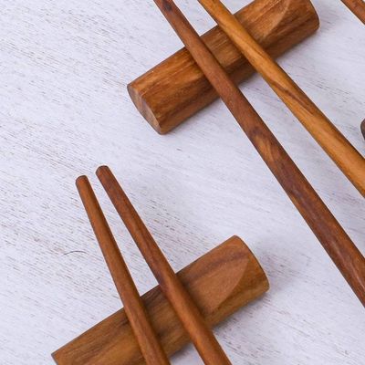 Alternate image for Teak Chopstick Set of 4 with Rests Smooth Meal