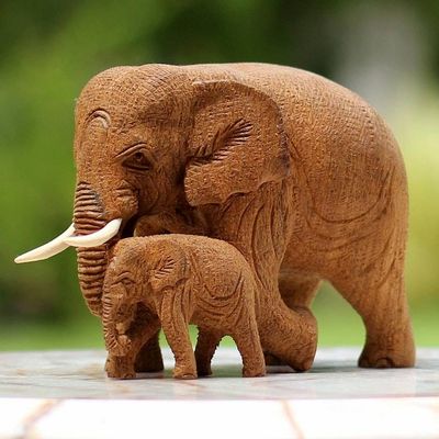 Primary image for Hand Made Teak Wood Elephant Statuette from Thailand Baby and Mom Elephant