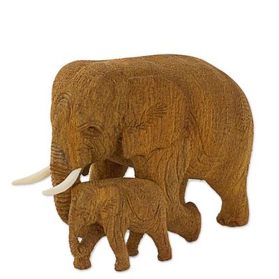 Alternate image for Hand Made Teak Wood Elephant Statuette from Thailand Baby and Mom Elephant