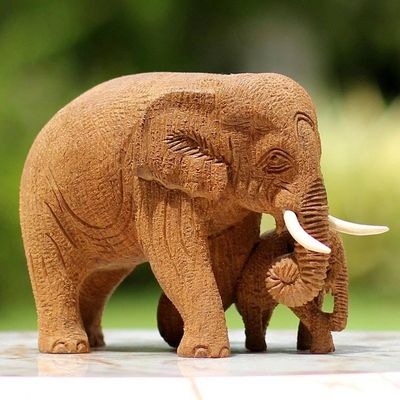 Alternate image for Hand Made Teak Wood Elephant Statuette from Thailand Baby and Mom Elephant