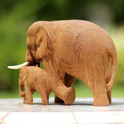 Alternate image for Hand Made Teak Wood Elephant Statuette from Thailand Baby and Mom Elephant