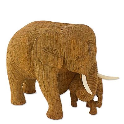 Alternate image for Hand Made Teak Wood Elephant Statuette from Thailand Baby and Mom Elephant