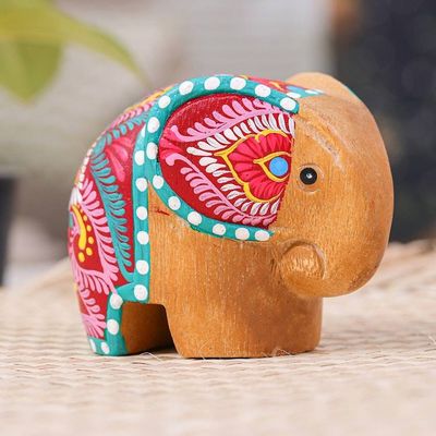 Alternate image for Thai-Made Floral Painted Raintree Wood Elephant Figurine Tiny Beloved
