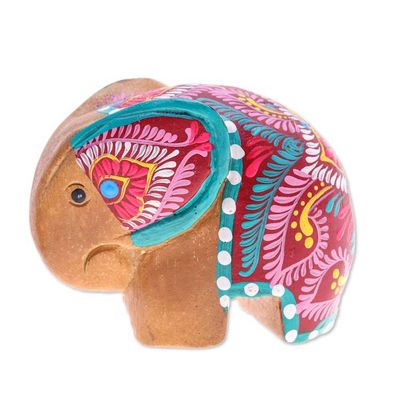 Alternate image for Thai-Made Floral Painted Raintree Wood Elephant Figurine Tiny Beloved
