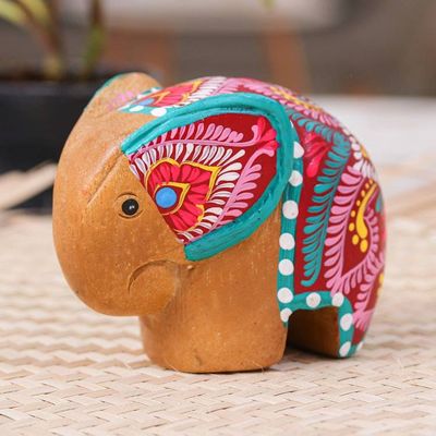 Alternate image for Thai-Made Floral Painted Raintree Wood Elephant Figurine Tiny Beloved